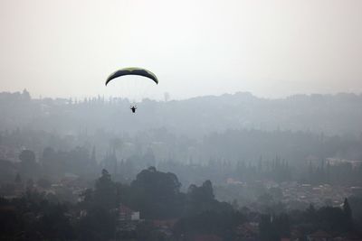 Gliding over trees against sky