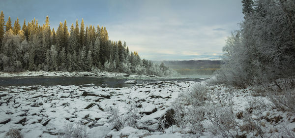 Scenic view of snow covered land against sky