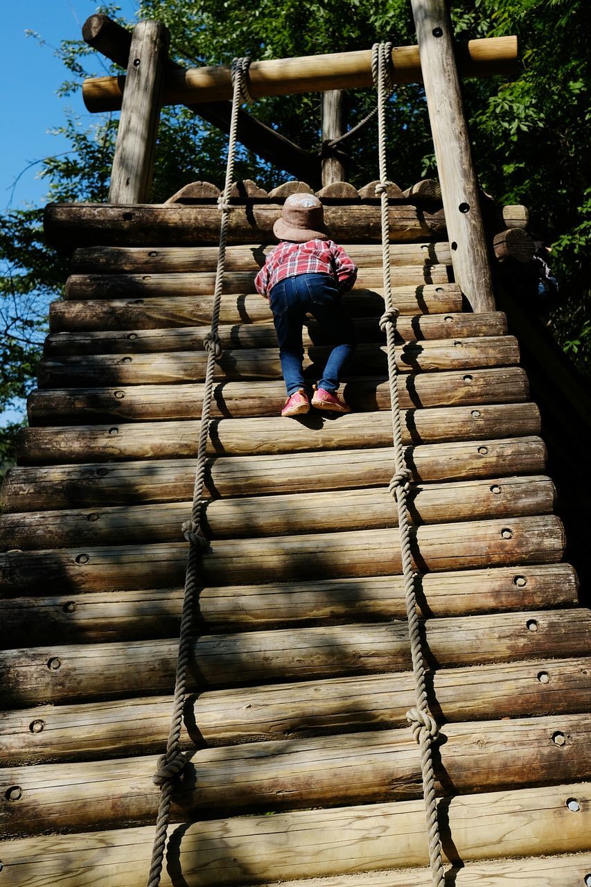 childhood, climbing, playground, full length, real people, rope, steps, girls, casual clothing, one person, day, swing, outdoors, leisure activity, elementary age, wood - material, jungle gym, outdoor play equipment, low angle view, playing, lifestyles, built structure, clambering, tree, rope swing, people