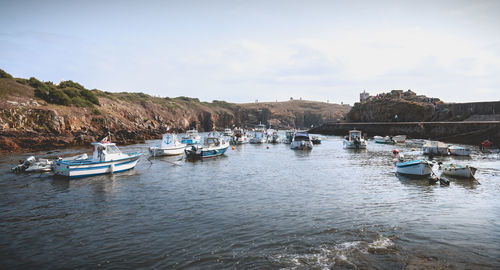 Boats moored in sea against sky