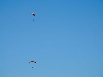 Low angle view of people paragliding against clear blue sky