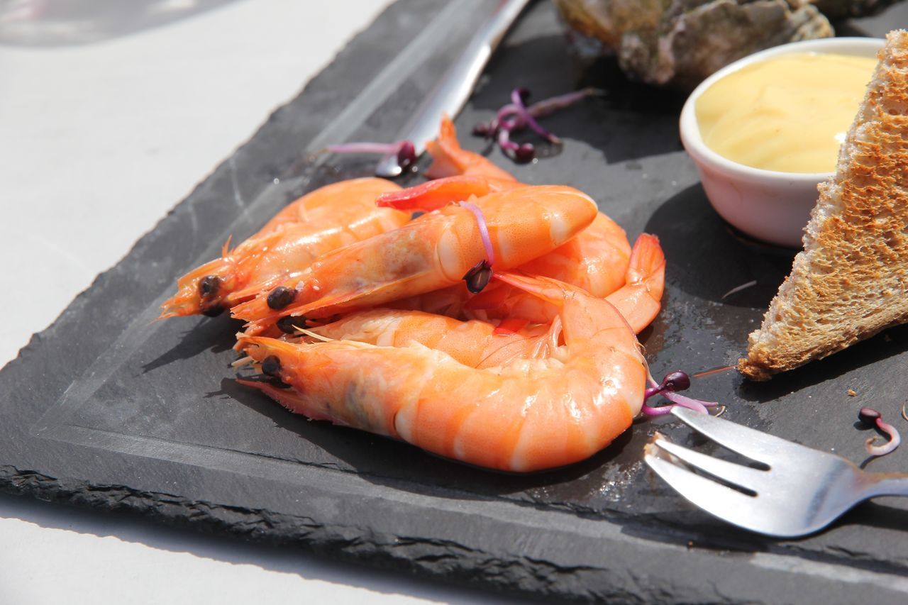 food and drink, food, seafood, healthy eating, wellbeing, freshness, close-up, plate, table, ready-to-eat, still life, no people, serving size, indoors, fish, crustacean, animal, focus on foreground, day, orange color, tray, japanese food