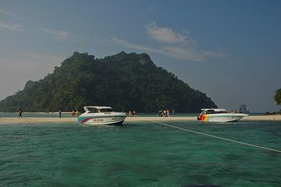 Speedboats moored at shore against sky