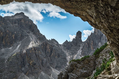 Cadini di misurina gallery on hiking mountain path, trentino, italy