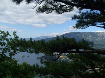 Scenic view of lake against cloudy sky