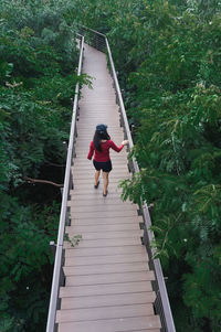 Rear view of woman walking on footbridge