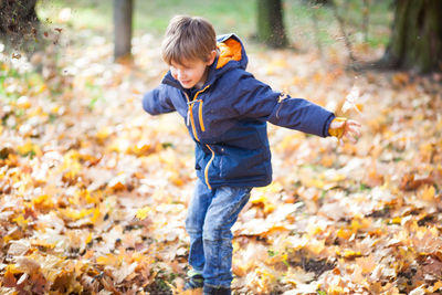 Boy walking in forest during autumn