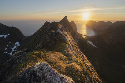 Scenic view of mountains against sky during sunset