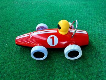 High angle view of toy car on table