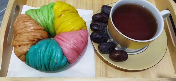 High angle view of breakfast on table