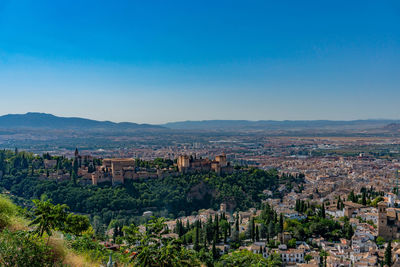 Panoramic view of city and buildings against blue sky