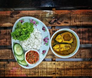 High angle view of food served on table