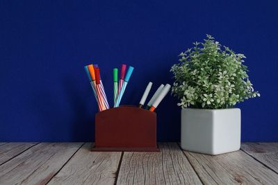 High angle view of paintbrushes on table