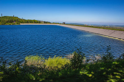 Scenic view of river against clear blue sky