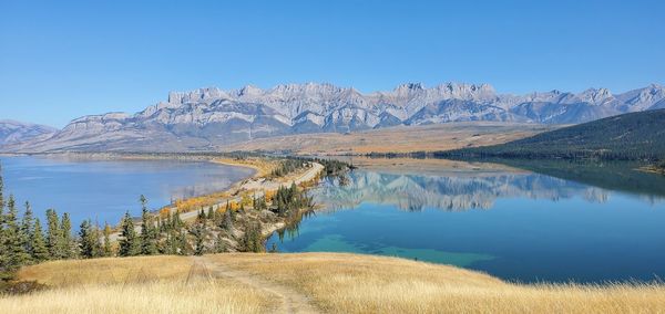 Scenic view of lake and mountains against blue sky