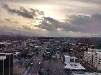 High angle view of cityscape against sky