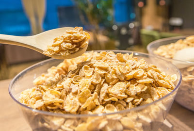 Close-up of noodles in bowl on table