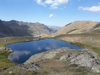 Scenic view of lake and mountains against sky