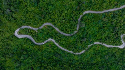 Aerial view of road on mountain forest road, countryside road passing through the green forest.