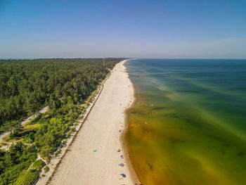 Scenic view of beach against clear sky, aerial view of the beach in krynica morska, poland.