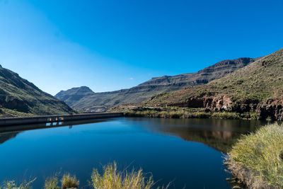 Scenic view of lake and mountains against clear blue sky