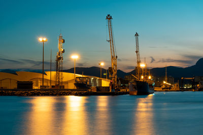 long exposure photography in the port, illuminated commercial dock at night