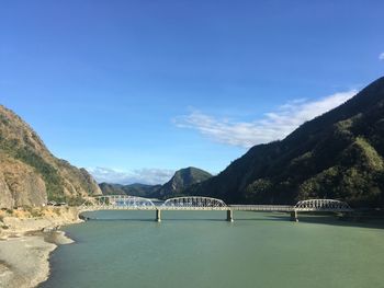 Scenic view of river by mountains against sky