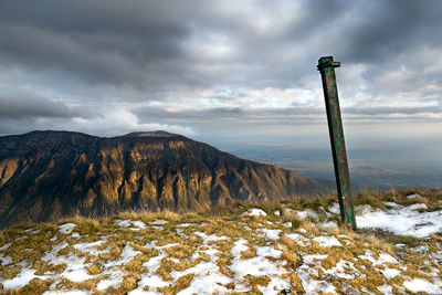 Mountain winter landscape. stormy sky covered with clouds. alpe del nevegal, belluno, italy