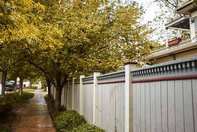 Street amidst trees and buildings against sky