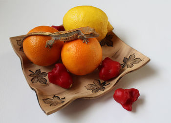 High angle view of fruits in plate