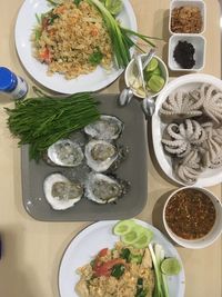 High angle view of meal served on table