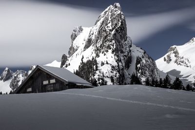 Scenic view of snow covered mountain against sky