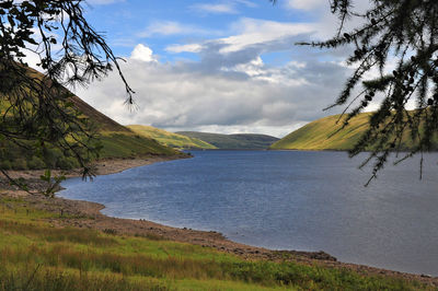 Scenic view of lake and mountains against sky