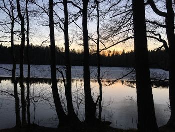Silhouette trees by lake against sky during sunset