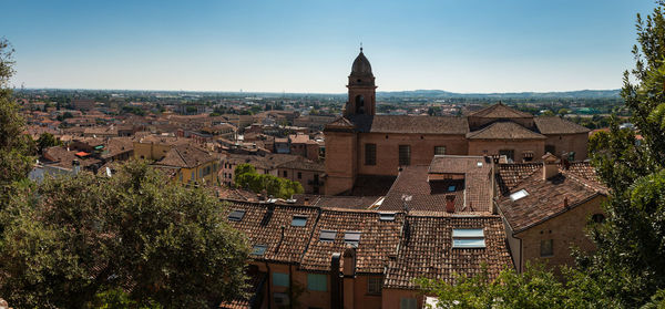 High angle view of townscape against sky in city