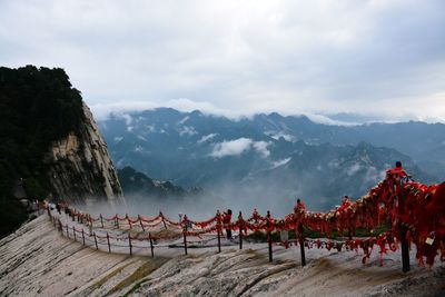 View of horses on landscape against cloudy sky