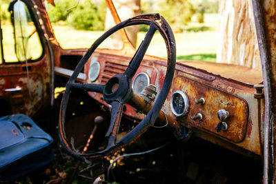 Close-up of rusty car steering wheel