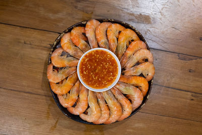 High angle view of meat in plate on table