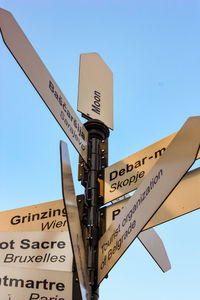 Low angle view of road sign against clear sky