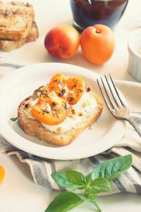 High angle view of breakfast served on table