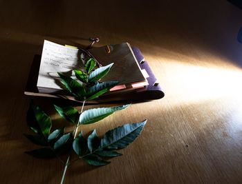 High angle view of open book on table