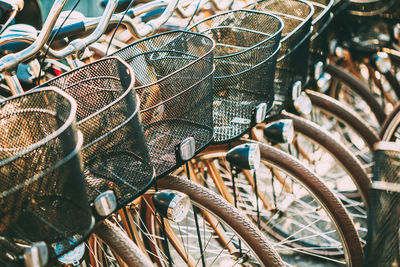 Full frame shot of bicycles parked in row