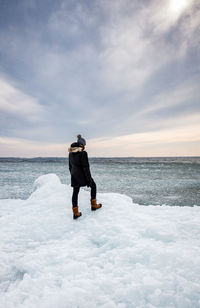 Rear view of man standing on sea shore against sky