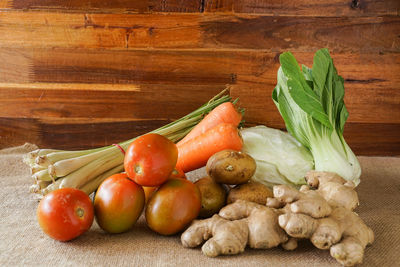 High angle view of vegetables on table