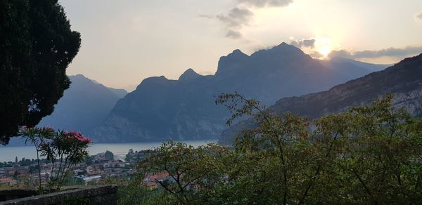 Scenic view of mountains against sky during sunset