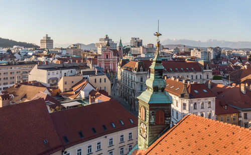 High angle view of townscape against clear sky