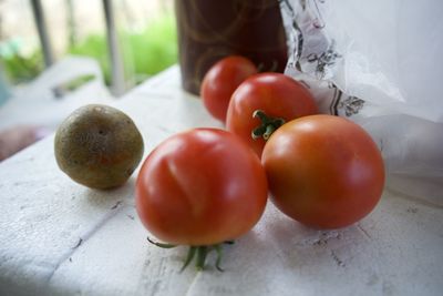 High angle view of tomatoes on table
