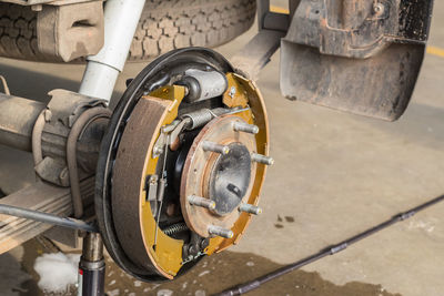 View of truck wheel at garage