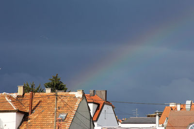 Low angle view of rainbow over building against sky