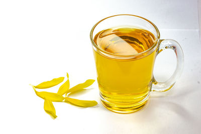 Close-up of tea cup against white background